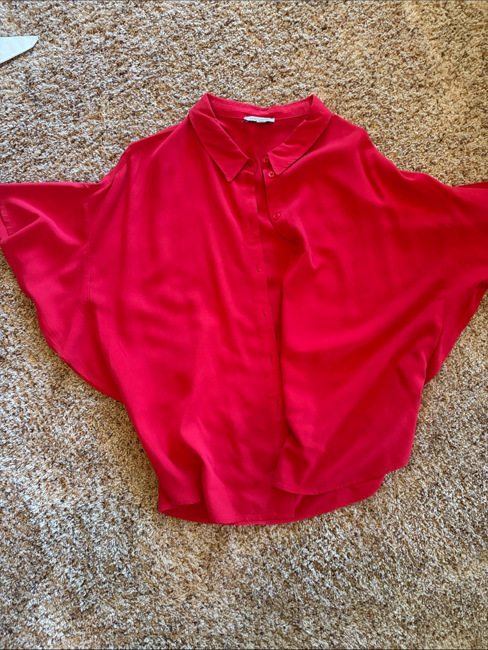 Relaxed Red Batwing Button-Up Blouse